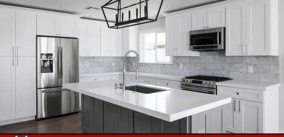 Make Ready Home cabinet painting or replacement in Fort Worth kitchen with white cabinetry, gray island, and modern finishes.