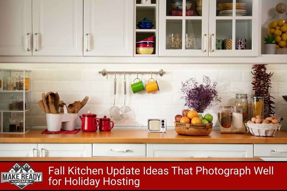 Make Ready Home fall kitchen update ideas with white cabinets, colorful mugs, fresh produce, and cozy holiday accents.