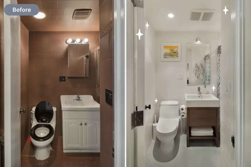 Before and after bathroom remodel by Make Ready Home showing modern white design transformation.