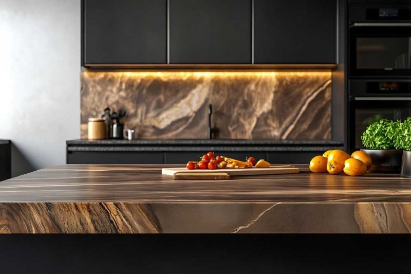 Make Ready Home fall kitchen update ideas with sleek dark cabinetry, warm stone backsplash, and a stylish kitchen island.