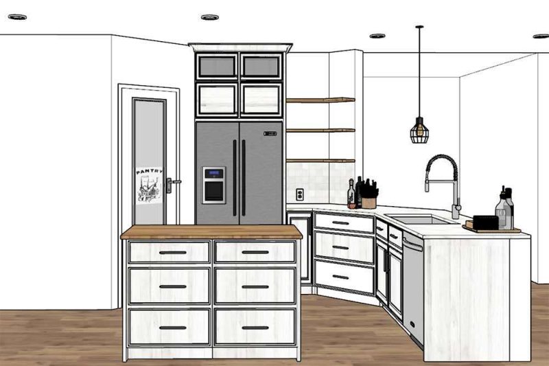 2D kitchen design with island, double fridge, cabinets, shelves, and pendant light over the sink.